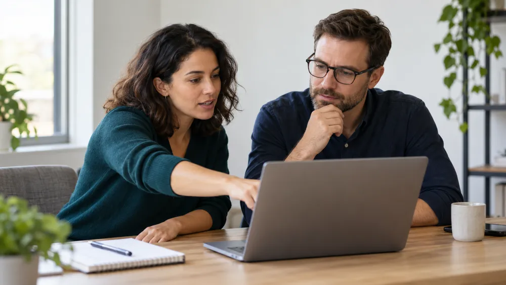 Illustrative office scene of two coworkers reviewing their work together
