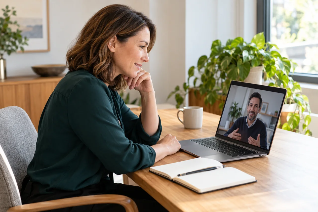Illustrative scene of an advisor speaking with a colleague over a laptop video call.