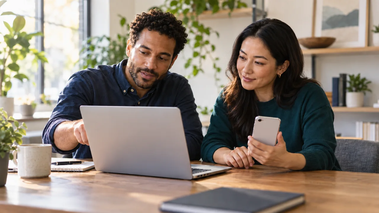 Illustrative scene of two colleagues reviewing a laptop, with a phone at hand for account-access decisions.
